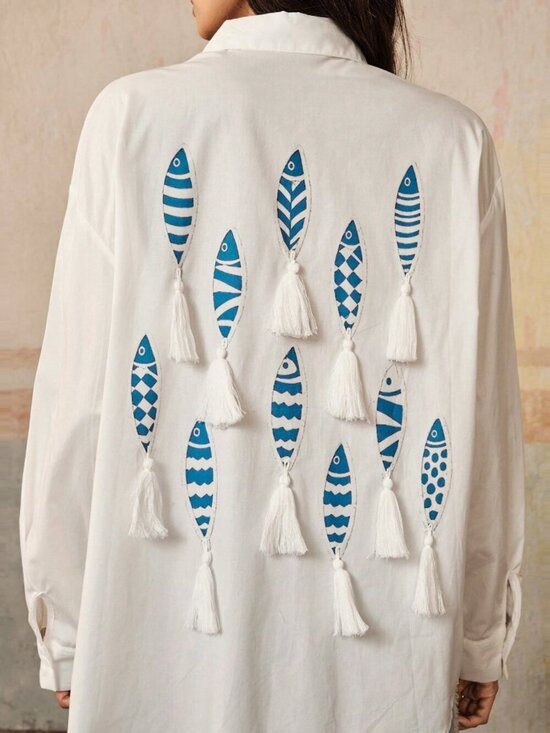 Tops - White Casual Loose Fit Long Sleeve Tassel detailed Artistic Fish Women's Blouse